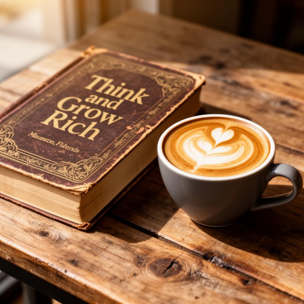 Vintage Think and Grow Rich book beside a latte